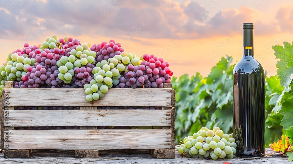 Fototapeta premium Bountiful Harvest of Grapes in a Wooden Crate with a Bottle of Wine at Sunset in a Vineyard