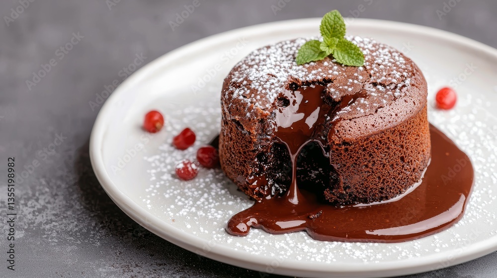 Dynamic closeup of chocolate lava cake being sliced with molten chocolate flowing Dynamic closeup of chocolate lava cake being sliced with molten chocolate flowing