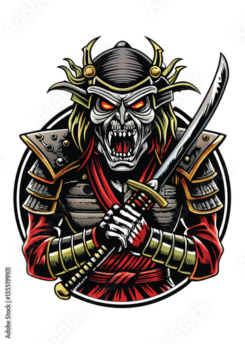 A terrifying, decaying samurai warrior, undead yet fiercely battle-ready, wielding katana.  Detailed, cinematic lighting.