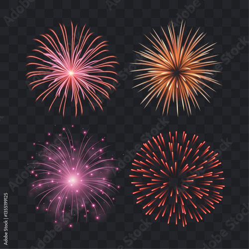 Vector set of colorful realistic bursting firework effects on dark background	- celebration, new year, anniversary design elements