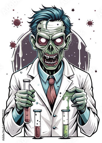 A decaying scientist zombie, in a tattered lab coat, clutching three test tubes, amidst a cluttered laboratory.  Focus on gruesome detail.