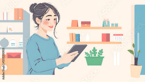 Woman smiling while using tablet in cozy home setting  