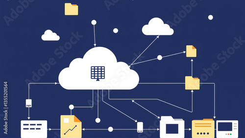 Cloud computing network with data flow and document icons  