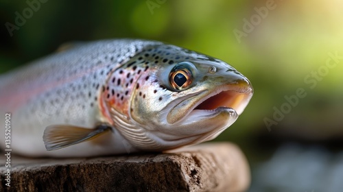 Freshly caught trout resting on a wooden stump photo