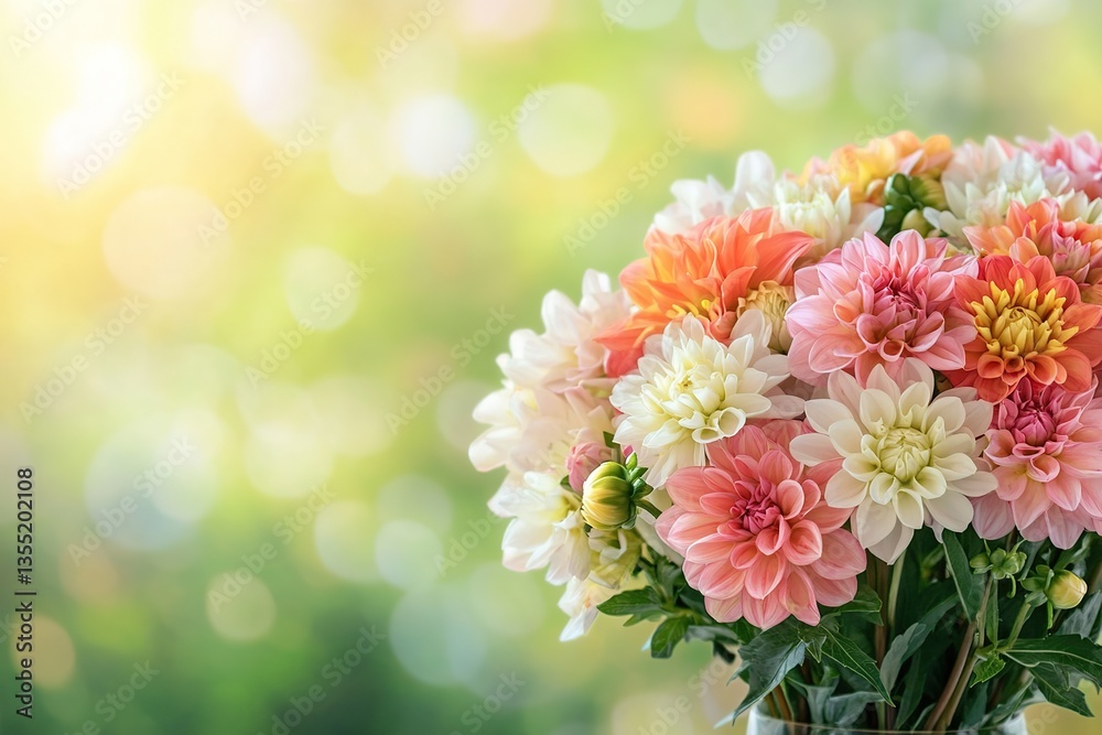 Brightly blooming pink, orange, and white dahlia flowers in a vibrant garden setting