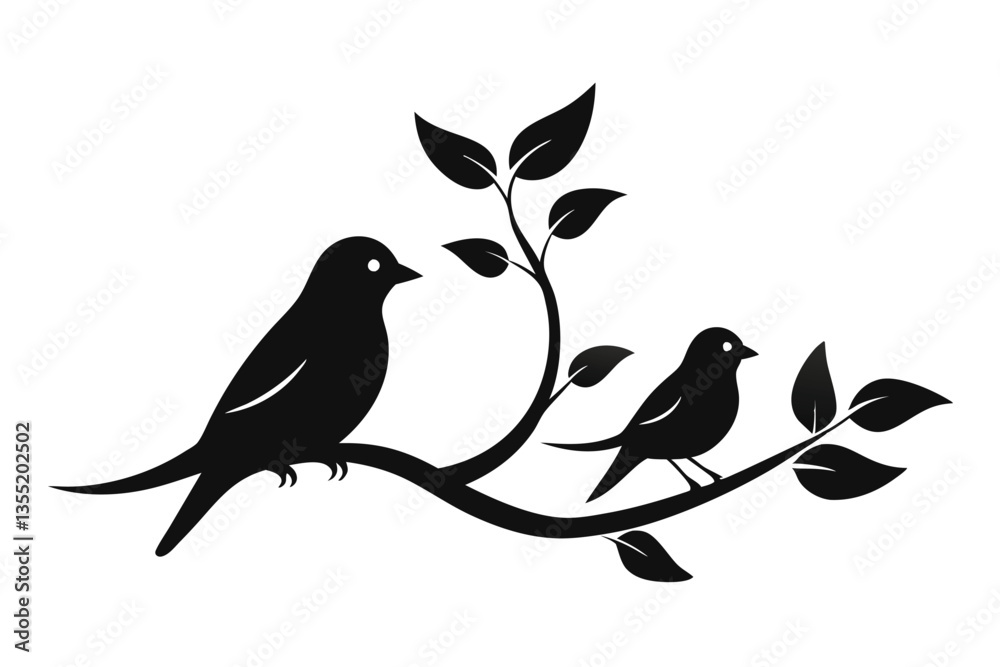 Fototapeta premium Black Birds Silhouette on Branch With Leaves, Wildlife, Simple Design