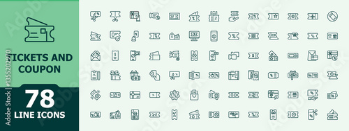 Tickets And Coupon icon pack. Includes thin line symbols card, ticket, voucher, event, gift, coupon, off and more. Minimalist linear icons. Coupons line icon. Editable vector.