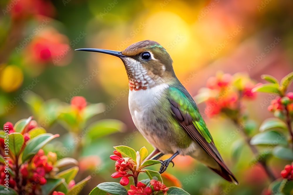 Fototapeta premium A hummingbird surrounded by minimalist leaves and flowers.