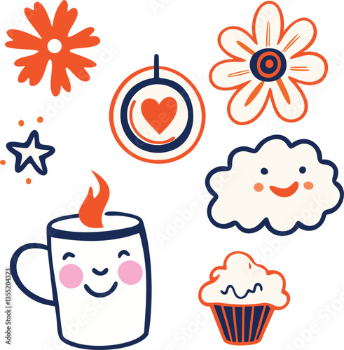 A collection of cartoon characters and objects, including a cup, a cupcake