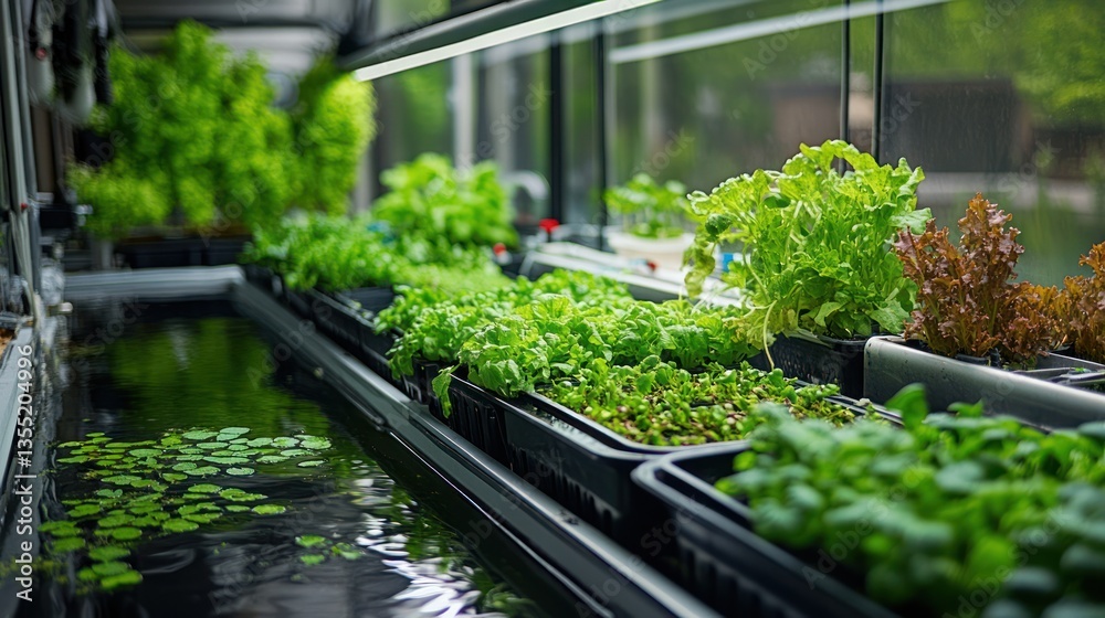 Hydroponic lettuce and herbs growing in a modern indoor farm. Hydroponic lettuce and herbs growing in a modern indoor farm.
