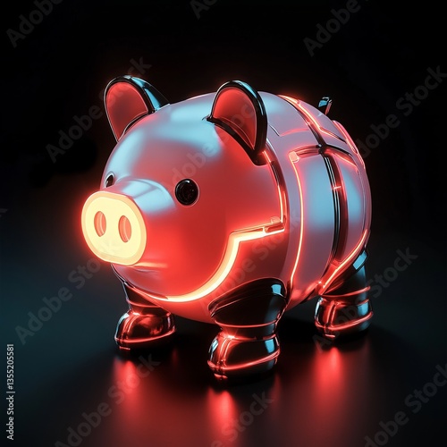 a piggy bank shaped like a robot with glowing LED accents, futuristic and fun design, bold and cheerful composition