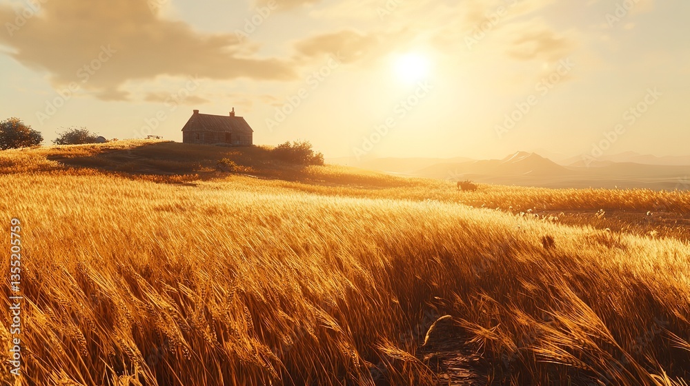 Fototapeta premium Golden Wheat Field Sunset Landscape Rural House Idyllic Peaceful Serene Tranquil Nature Scenery Beautiful Calm Summer Day Farmhouse Countryside View 