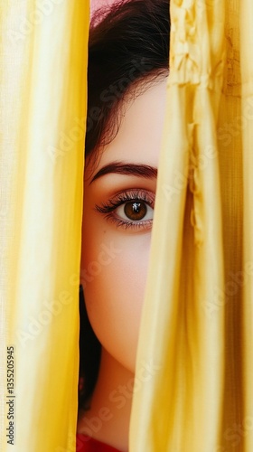 Woman's eye peeking through yellow curtains.