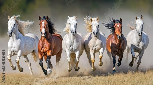 Wild Horses Galloping in Dusty Field.