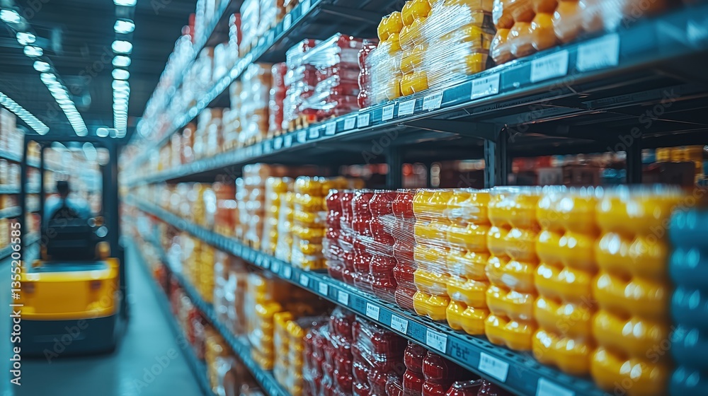 Naklejka premium Warehouse worker organizing shelves with colorful jars during afternoon shift in a busy distribution center