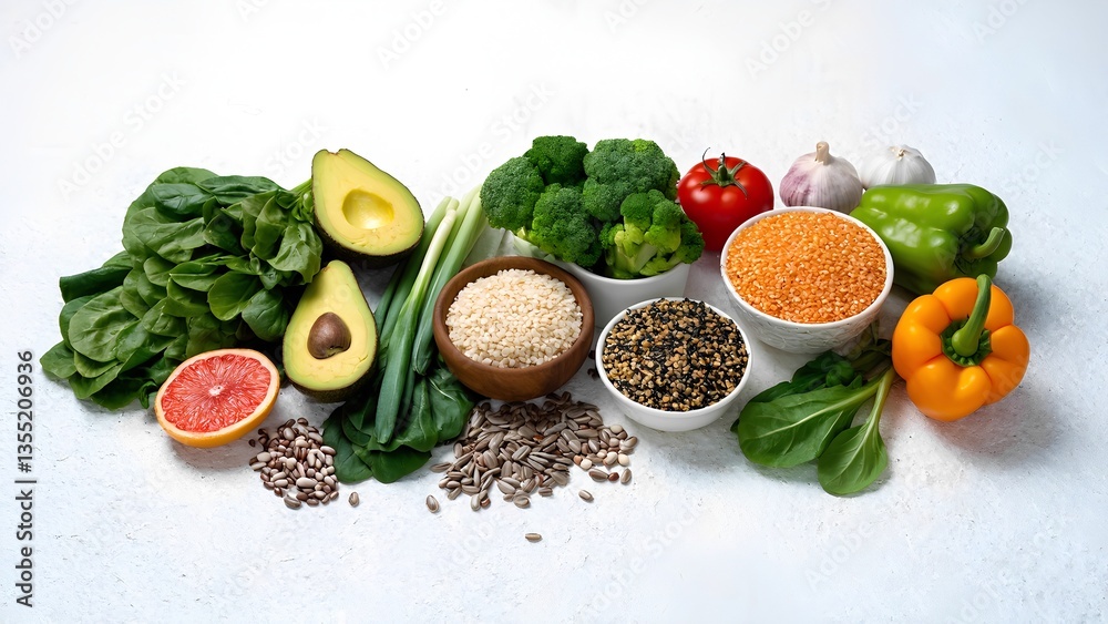 Healthy food clean eating selection: fruit, vegetable, seeds, superfood, cereal, leaf vegetable on white concrete background Healthy food clean eating selection: fruit, vegetable, seeds, superfood, cereal, leaf vegetable on white concrete background