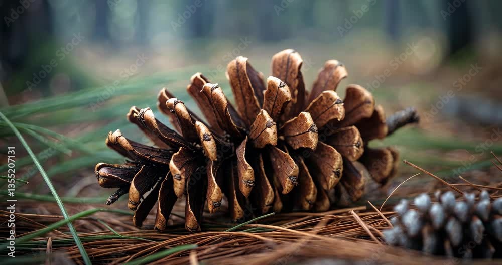Autumn scenery featuring a fallen pine cone in a tranquil forest.