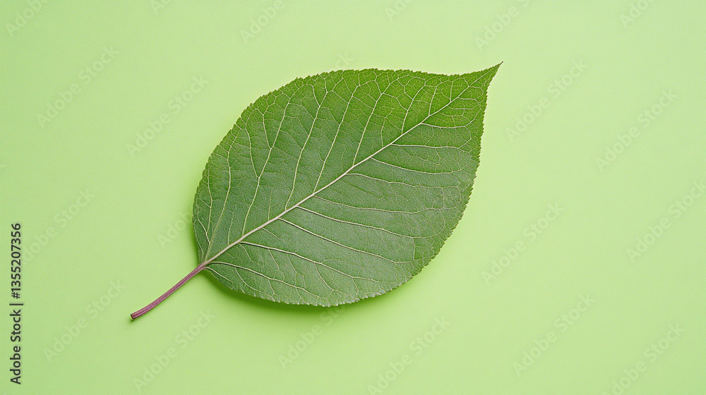 Obraz premium Single green leaf on light green background.
