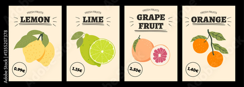Lemon, lime, grapefruit, orange. Set of posters of fruits in an abstract design. Label or poster, price tag. Simple, flat design. Patterns and backgrounds. For poster, cover, banner.