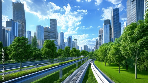 Urban landscape featuring modern skyscrapers, lush greenery, and a clear blue sky