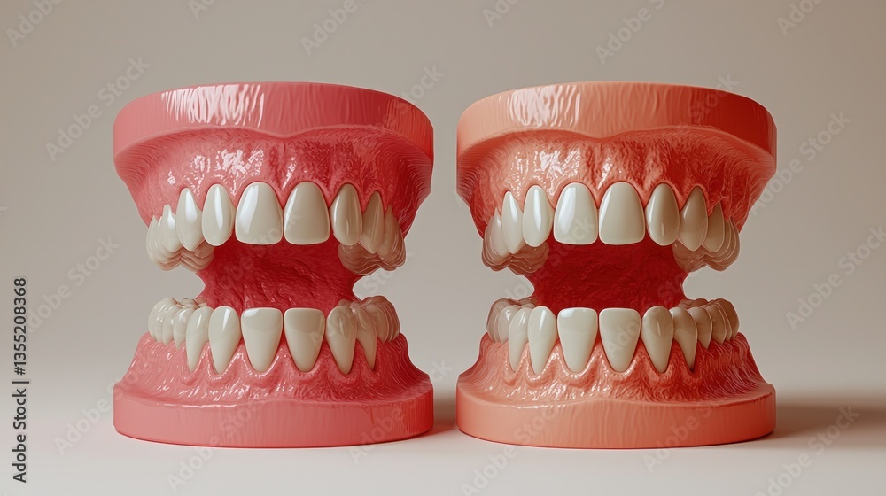 Obraz premium Dental models comparison, studio, beige backdrop, before & after