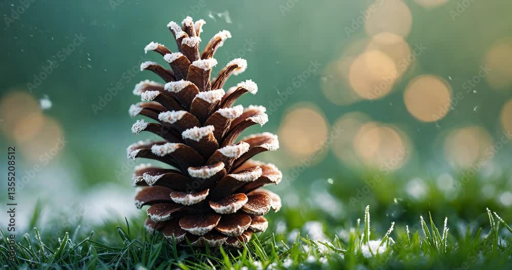 A close-up of a frosted pine cone resting on grass with a blurred green backdrop.