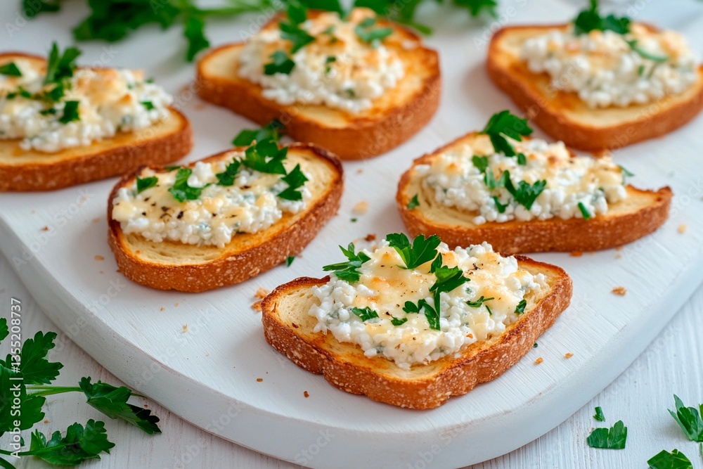 Toasted bread topped with creamy cheese spread and garnished with fresh parsley is displayed on a wooden platter, making for an appealing appetizer. The textures and colors are inviting Toasted bread topped with creamy cheese spread and garnished with fresh parsley is displayed on a wooden platter, making for an appealing appetizer. The textures and colors are inviting