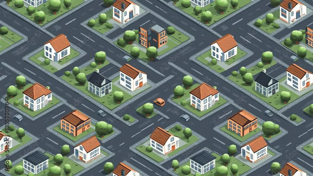 Seamless looping isometric video pattern of pixel houses and roads in neat blocks.