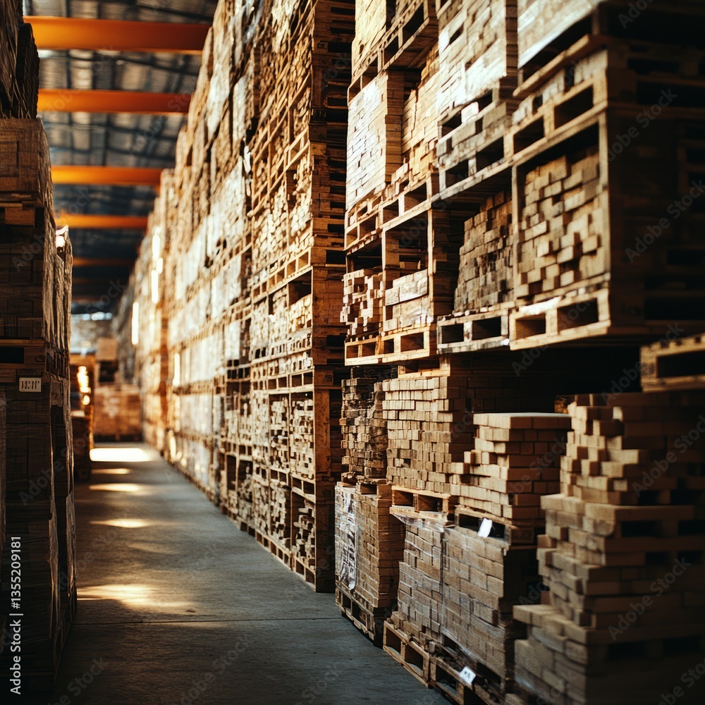Fototapeta premium A row of wooden pallets in a large storage facility, each stacked with different types of materials--bricks, metals, and machinery--organized and ready for use.