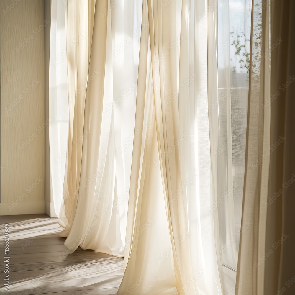 A set of light, sheer curtains gently swaying on a white wooden curtain rod, letting soft sunlight filter into the room, airy and peaceful. A set of light, sheer curtains gently swaying on a white wooden curtain rod, letting soft sunlight filter into the room, airy and peaceful.