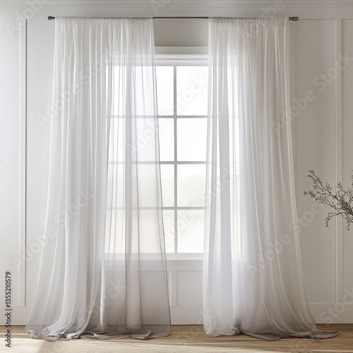 A sheer curtain with a soft gradient, hanging from a brushed silver curtain rod, gently diffusing the light in the room, light and airy.