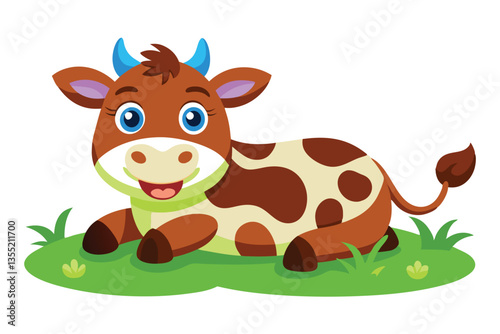 Cartoon Brown Cow with Blue Horns Lying in Green Grass, White Background, Happy Animal
