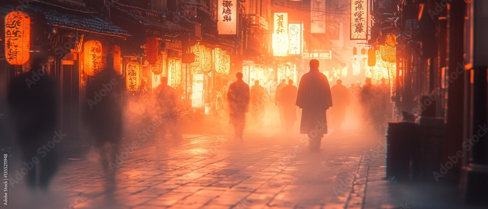 Naklejka premium Misty night street scene, figures walking past glowing lanterns and shops