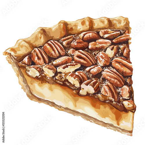 Watercolor Slice of Classic Pecan Pie Dessert