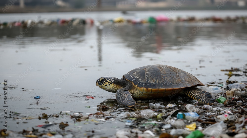 Fototapeta premium Turtle on Shore Surrounded by Pollution and Plastic Waste in Urban Waterbody Environment