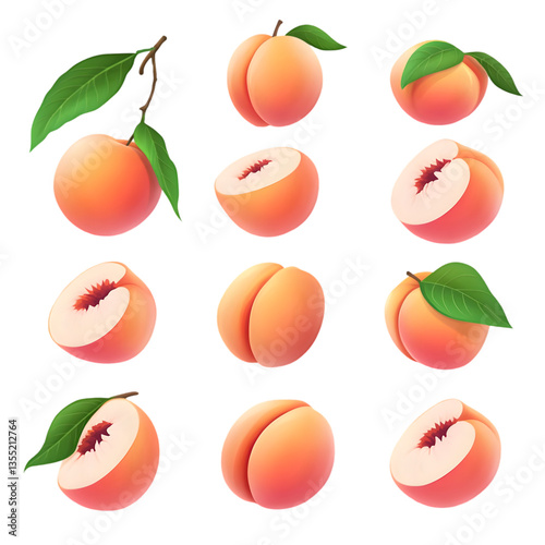 Peach Collection – A Set of Fresh Peaches Isolated on a White Background, Showcasing Their Juicy, Velvety Skin and Sweet, Refreshing Appeal