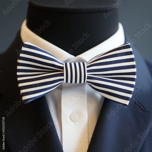 a striped bow tie in shades of navy and white, resting on a classic black suit, elegant and nautical-inspired design