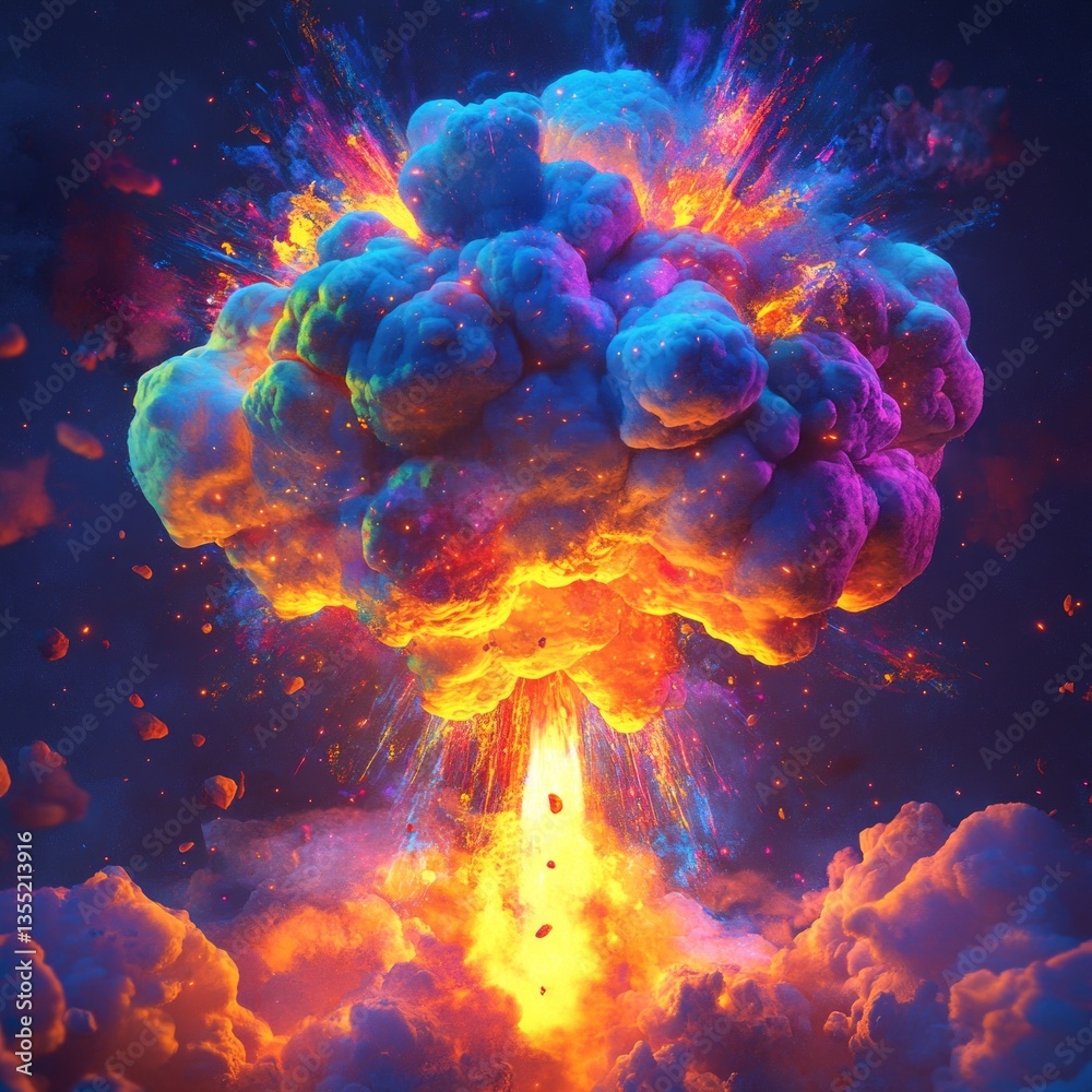 Obraz premium A stylized nuclear explosion with glowing neon colors, surreal and vibrant design blending chaos with art, futuristic and dynamic, ultra-detailed