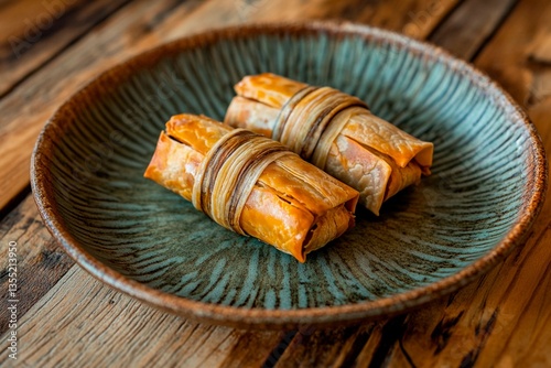 Two golden-brown pastries are neatly tied and presented on a textured, handcrafted plate. Natural wood surfaces enhance the rustic dining atmosphere, perfect for enjoying gourmet treats