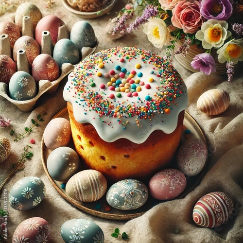 Traditional Easter cake with painted eggs  photo