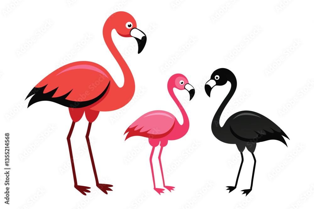 Fototapeta premium Cartoon Standing Flamingo Birds Red, Pink, Black with Long Legs on White Background