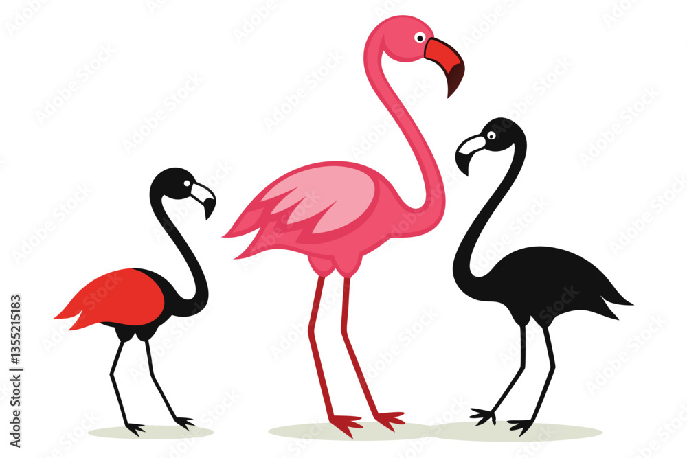 Obraz premium Cartoon Three Flamingos Pink Flamingo Standing with Two Black Flamingo Isolated View