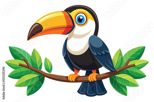 Cartoon Toucan Perched on Branch With Green Leaves, Colorful Beak, and Blue Eyes