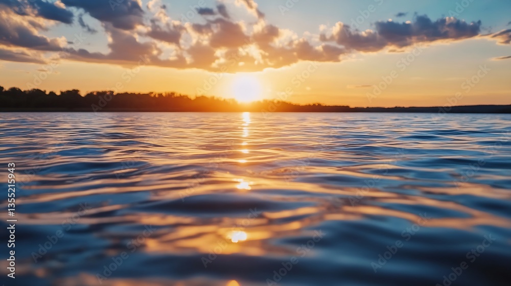 Obraz premium Beautiful sunset over calm water surface reflecting clouds and warm colors creating a serene natural landscape : Generative AI