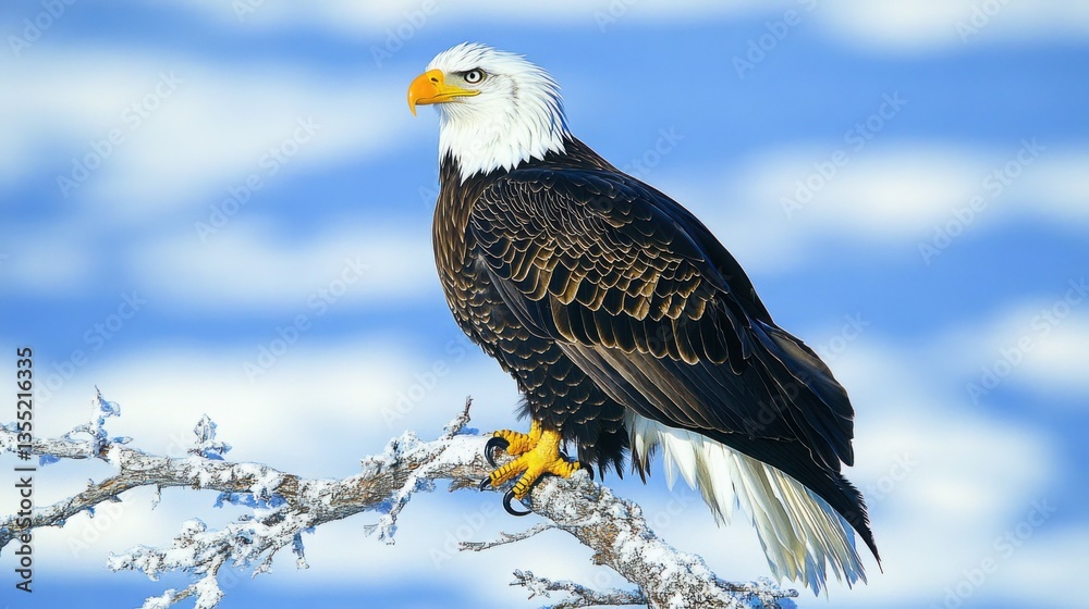 Obraz premium A breathtaking close-up of an American Bald Eagle perched on a tree branch, its feathers detailed against the blurred background of a blue sky and distant 