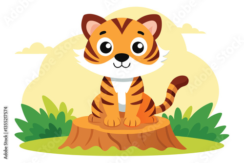 Cheerful Cartoon Tiger Cub Sitting on a Tree Stump in a Forest, Cute Wild Animal