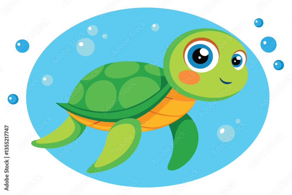 Obraz premium Cheerful Cartoon Turtle Swimming in Blue Bubble Background, Flat Animation