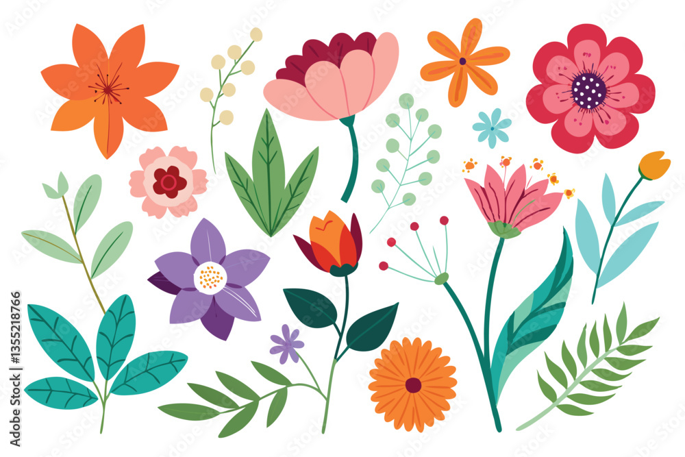 Obraz premium Colorful Floral Element Set, Decorative Flowers, Leaves, Branches, Botanical Elements