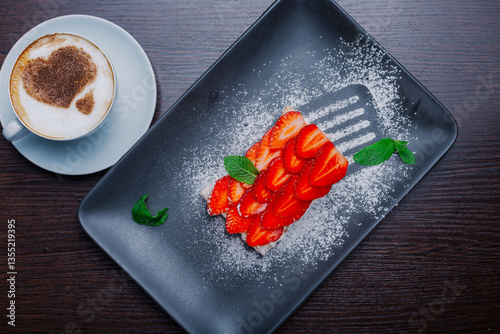 Obraz na płótnie Appetizing dessert on a plate with fresh strawberries and a cup of cappuccino.sweet dessert. fresh mint. view from above w salonie