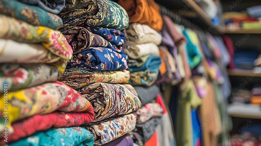 Fototapeta premium blurred abstract background of multicolored cotton clothing on the shelves of fashion shop.